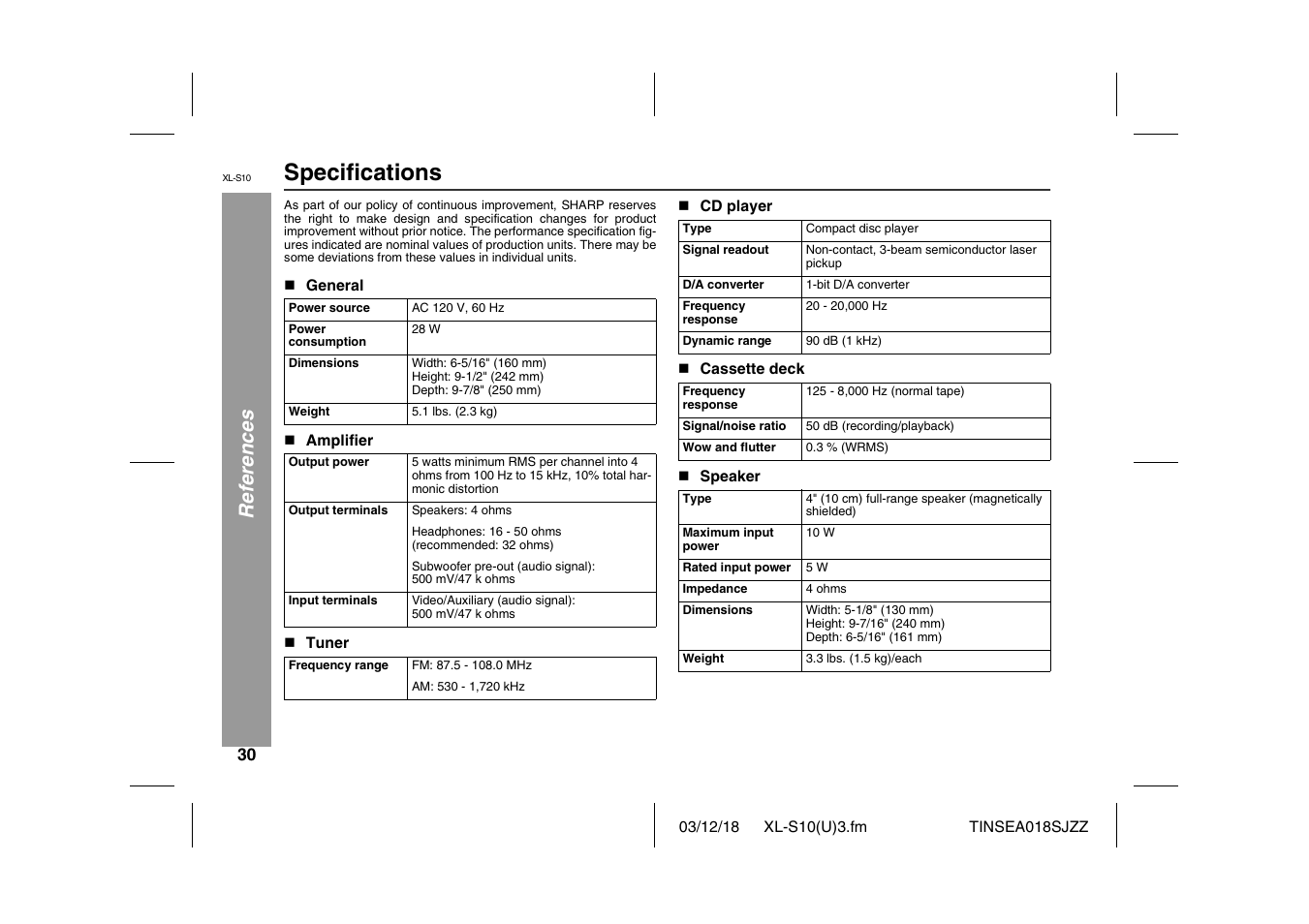 Specifications, Referenc es | Sharp XL-S10 User Manual | Page 30 / 31