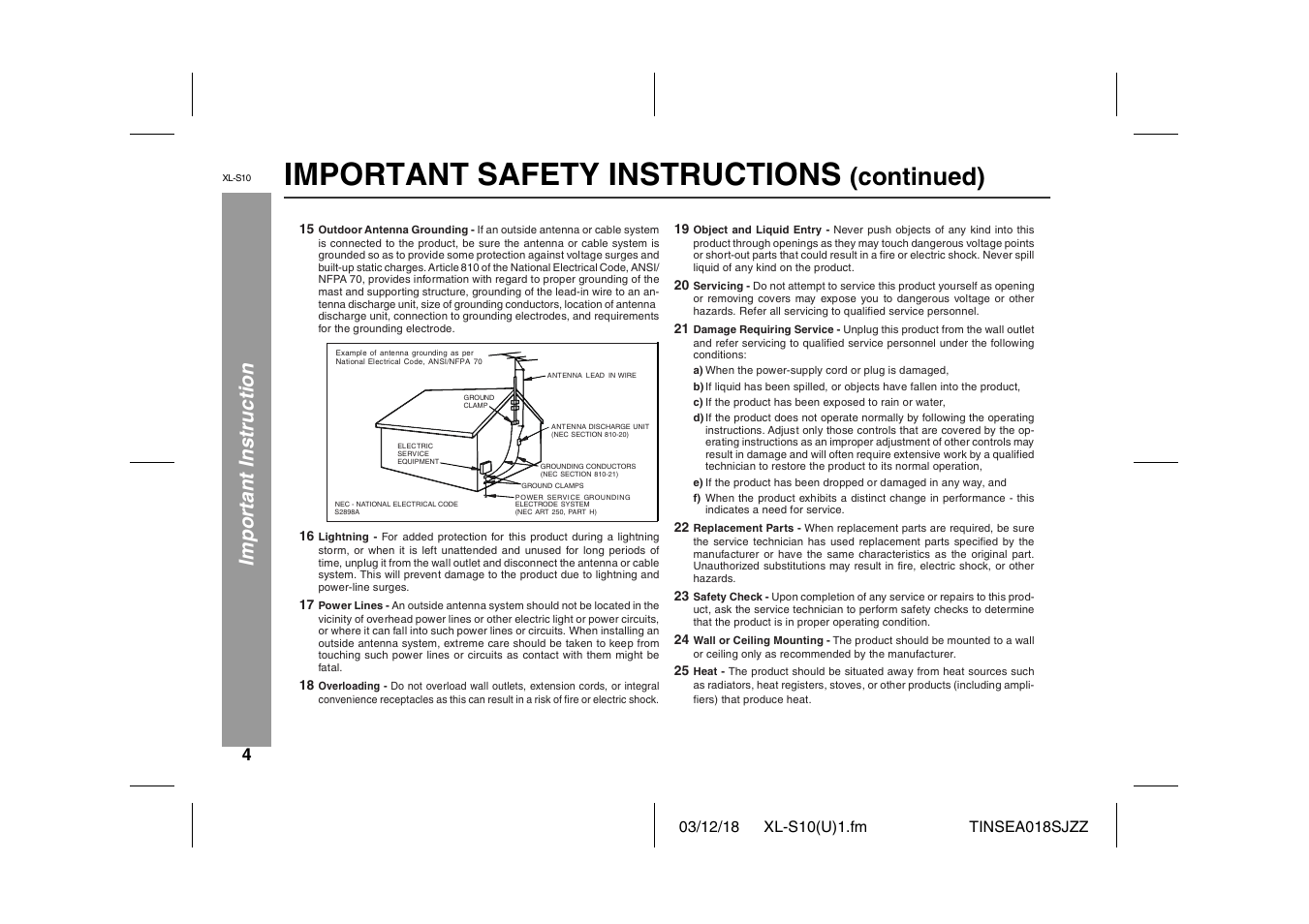 Important safety instructions, Continued), Imp o rtant ins truction | Sharp XL-S10 User Manual | Page 4 / 31