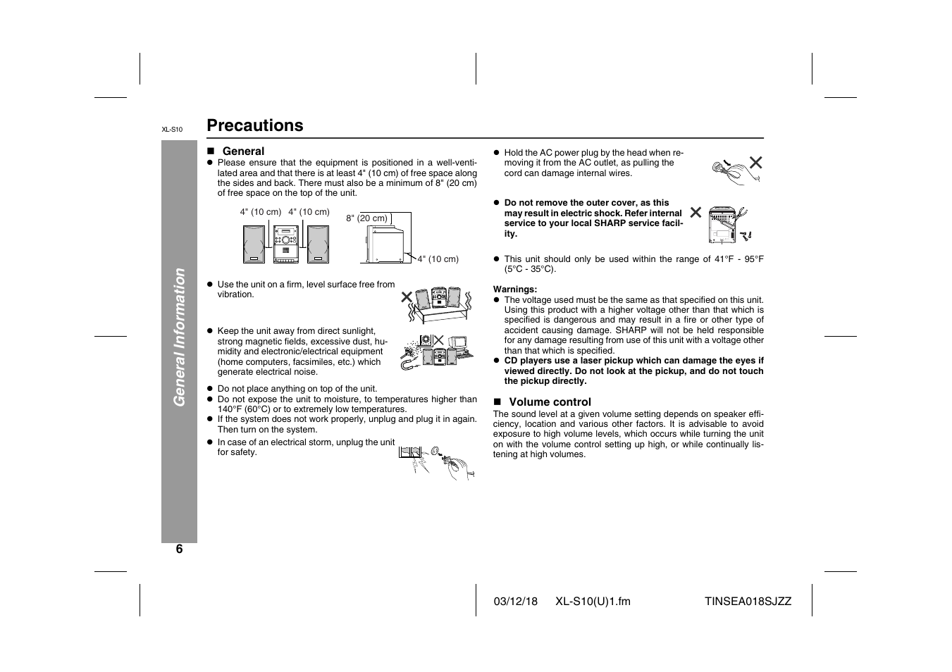 Precautions, Ge neral info rmation | Sharp XL-S10 User Manual | Page 6 / 31