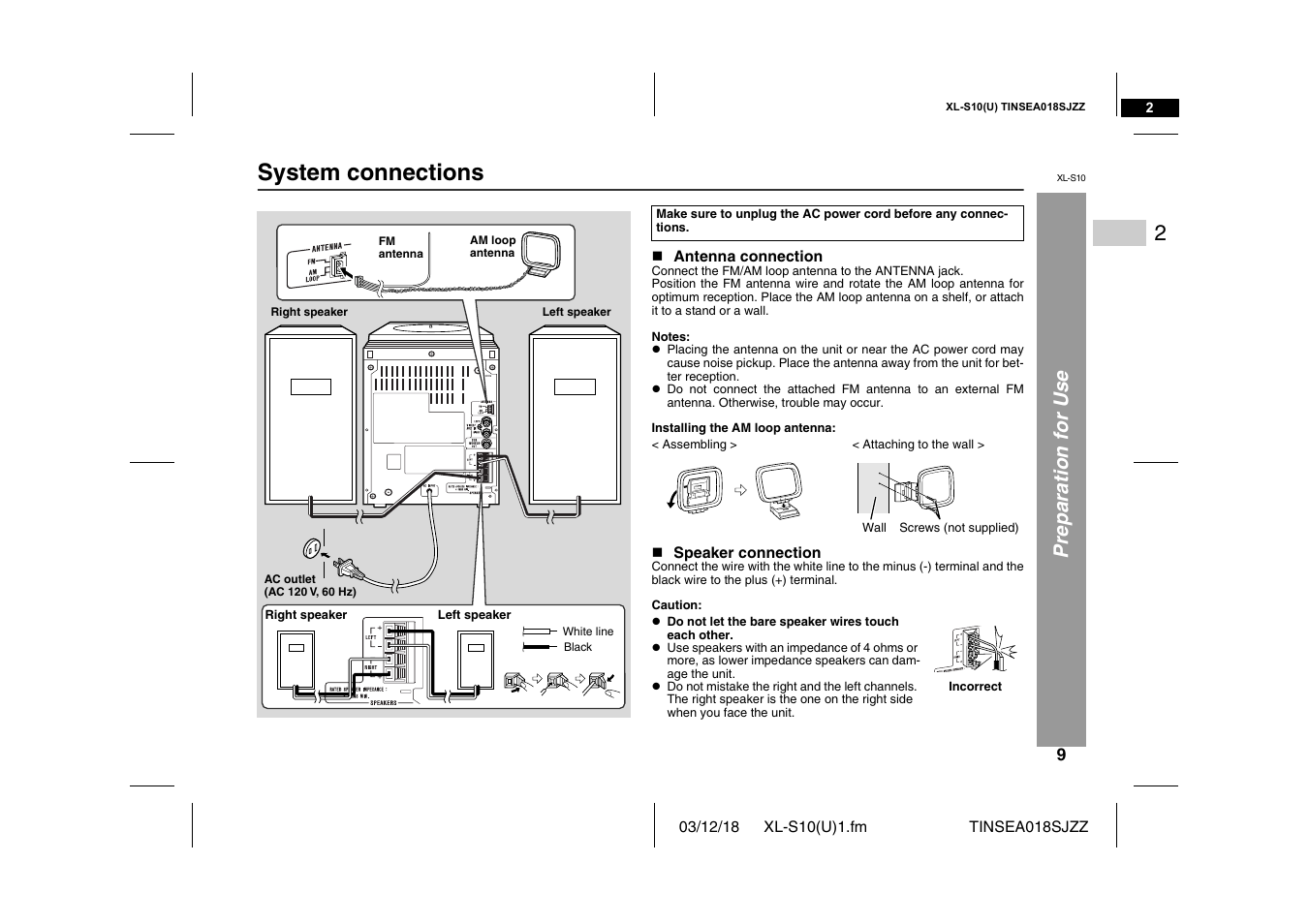 System connections, Pre p aration for use | Sharp XL-S10 User Manual | Page 9 / 31