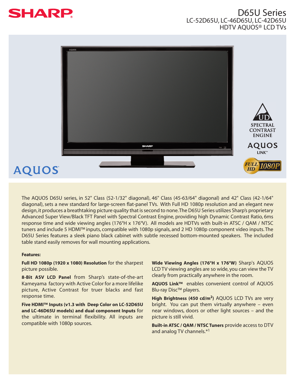 Sharp AQUOS D65U Series User Manual | 2 pages