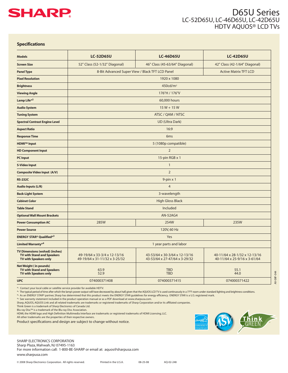 D65u series, Specifications | Sharp AQUOS D65U Series User Manual | Page 2 / 2