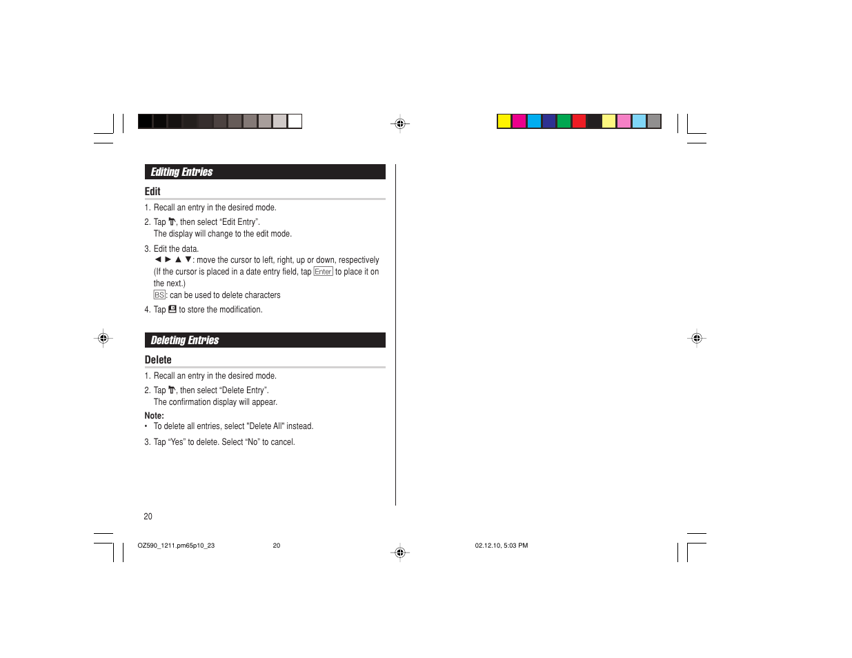 Editing entries, Deleting entries | Sharp OZ-590 User Manual | Page 22 / 60