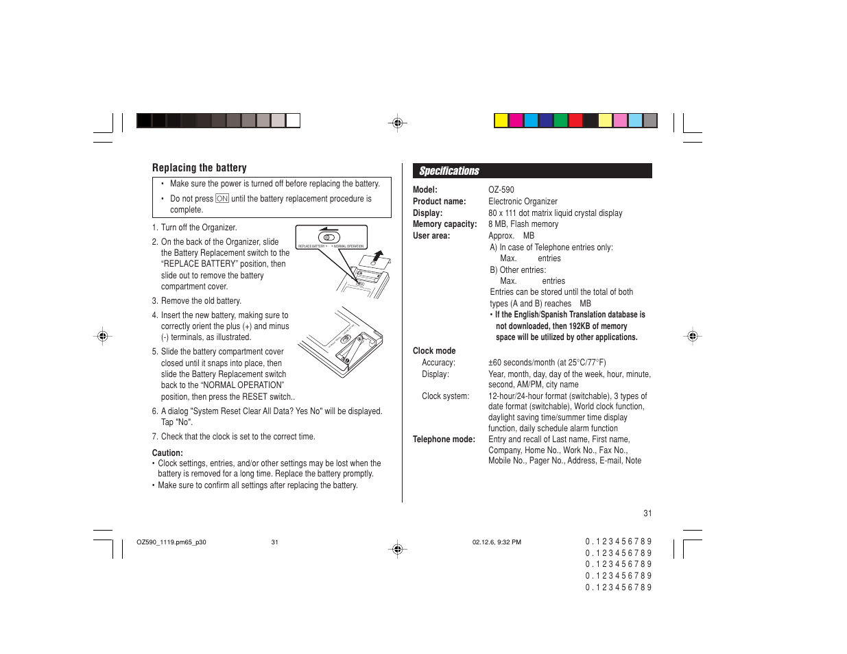 Normal operatio n repla ce batter y, Specifications | Sharp OZ-590 User Manual | Page 33 / 60