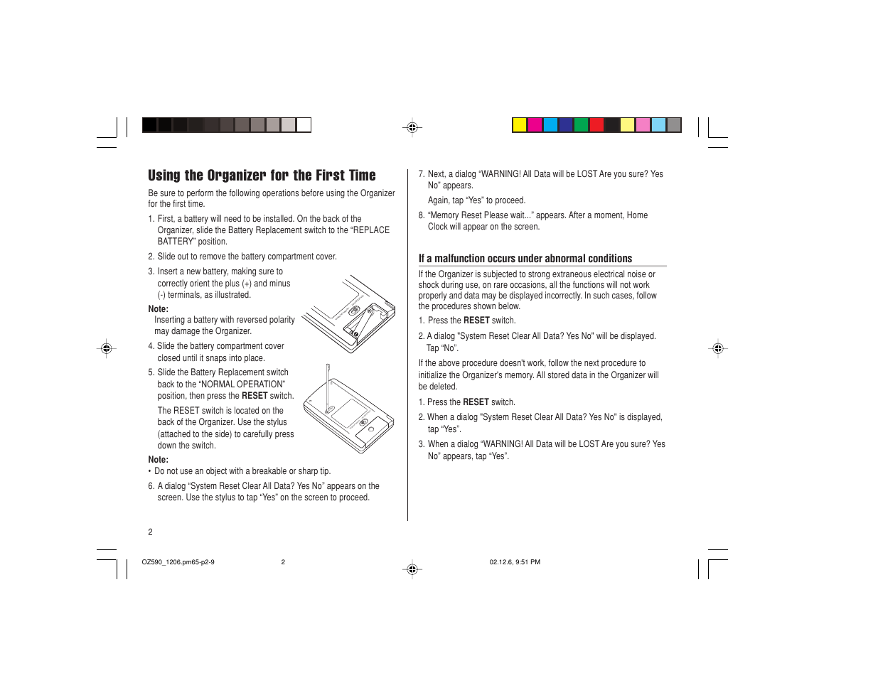 Using the organizer for the first time, Repla ce ba tter y • • normal opera tion reset | Sharp OZ-590 User Manual | Page 4 / 60