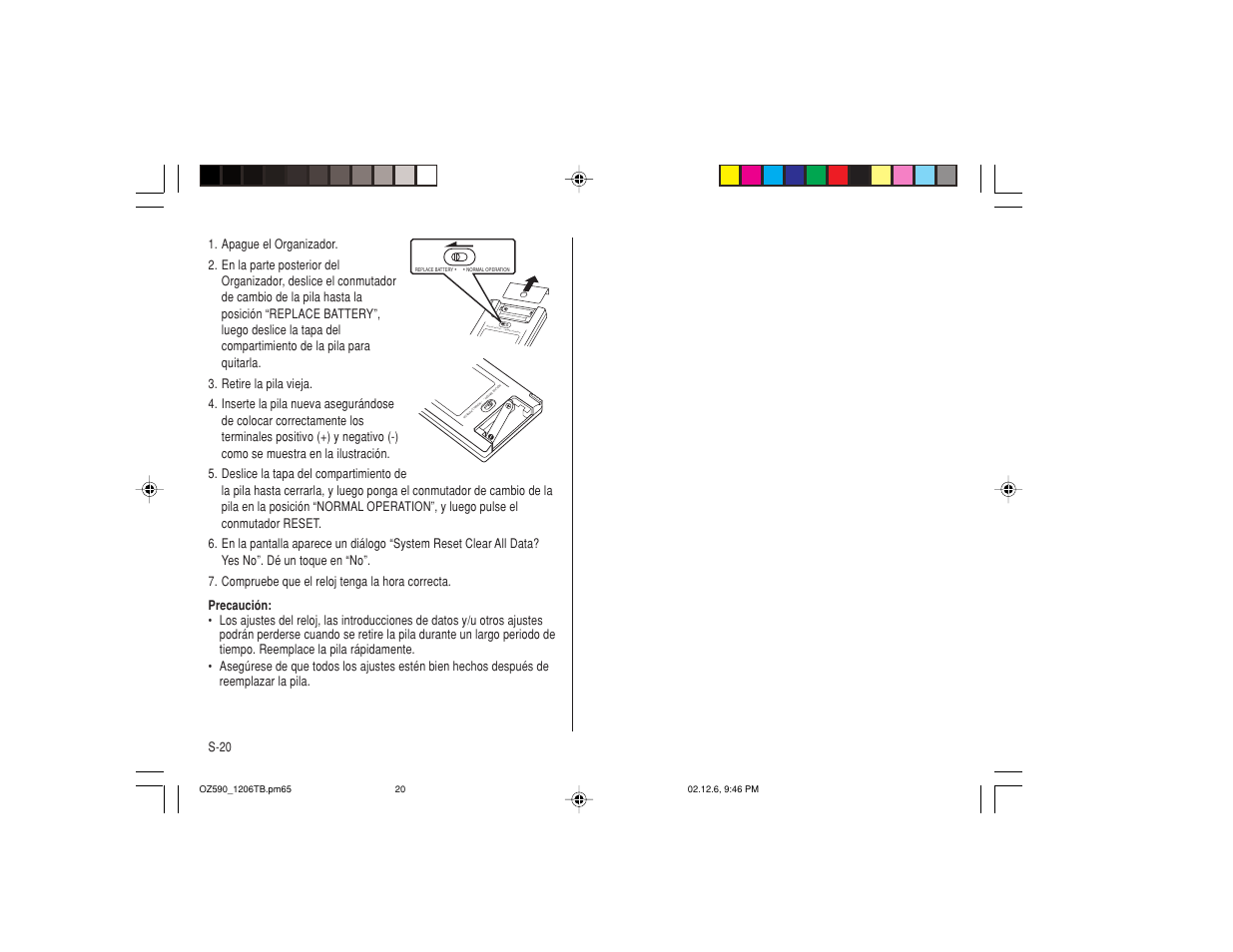 Norm al opera tion repla ce batter y | Sharp OZ-590 User Manual | Page 56 / 60