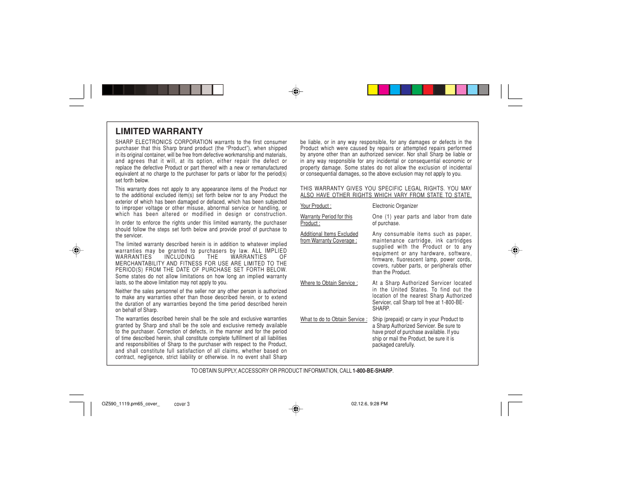 Limited warranty | Sharp OZ-590 User Manual | Page 59 / 60