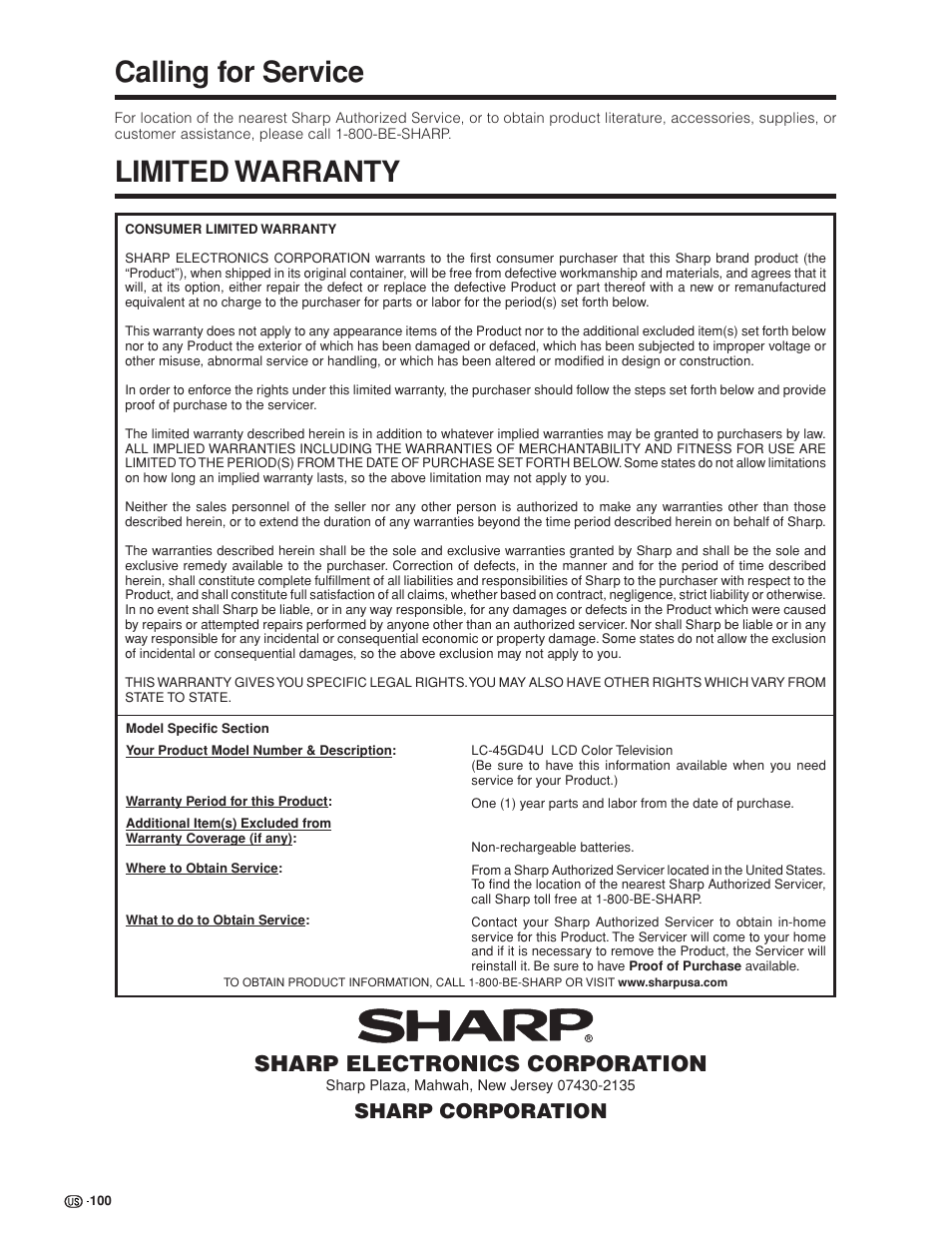 Calling for service, Limited warranty, Sharp electronics corporation | Sharp corporation | Sharp Aquos LC 45GD4U User Manual | Page 101 / 103