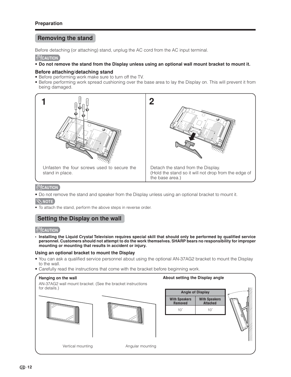 Removing the stand, Setting the display on the wall | Sharp Aquos LC 45GD4U User Manual | Page 13 / 103