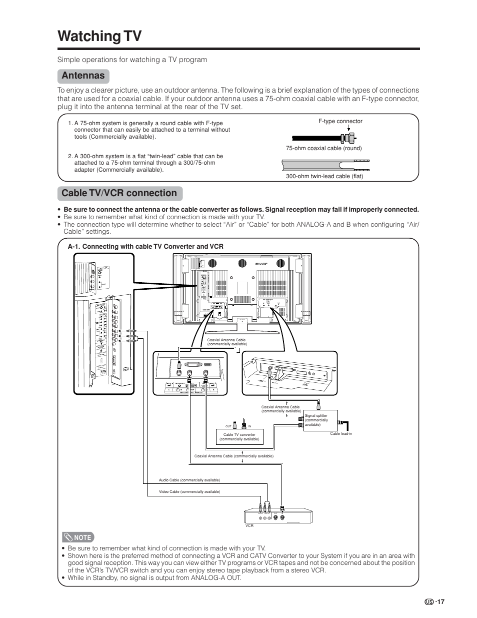 Watching tv, Antennas, Cable tv/vcr connection | Simple operations for watching a tv program | Sharp Aquos LC 45GD4U User Manual | Page 18 / 103