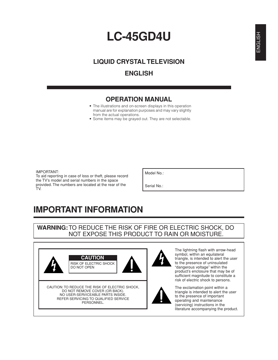 Lc-45gd4u, Important information, Liquid crystal television english operation manual | Sharp Aquos LC 45GD4U User Manual | Page 2 / 103