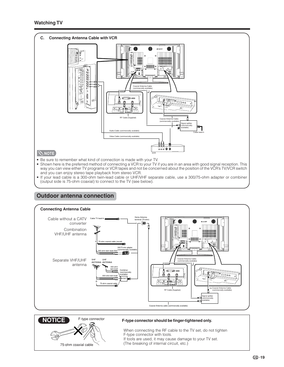 Notice, Outdoor antenna connection, Watching tv | Sharp Aquos LC 45GD4U User Manual | Page 20 / 103