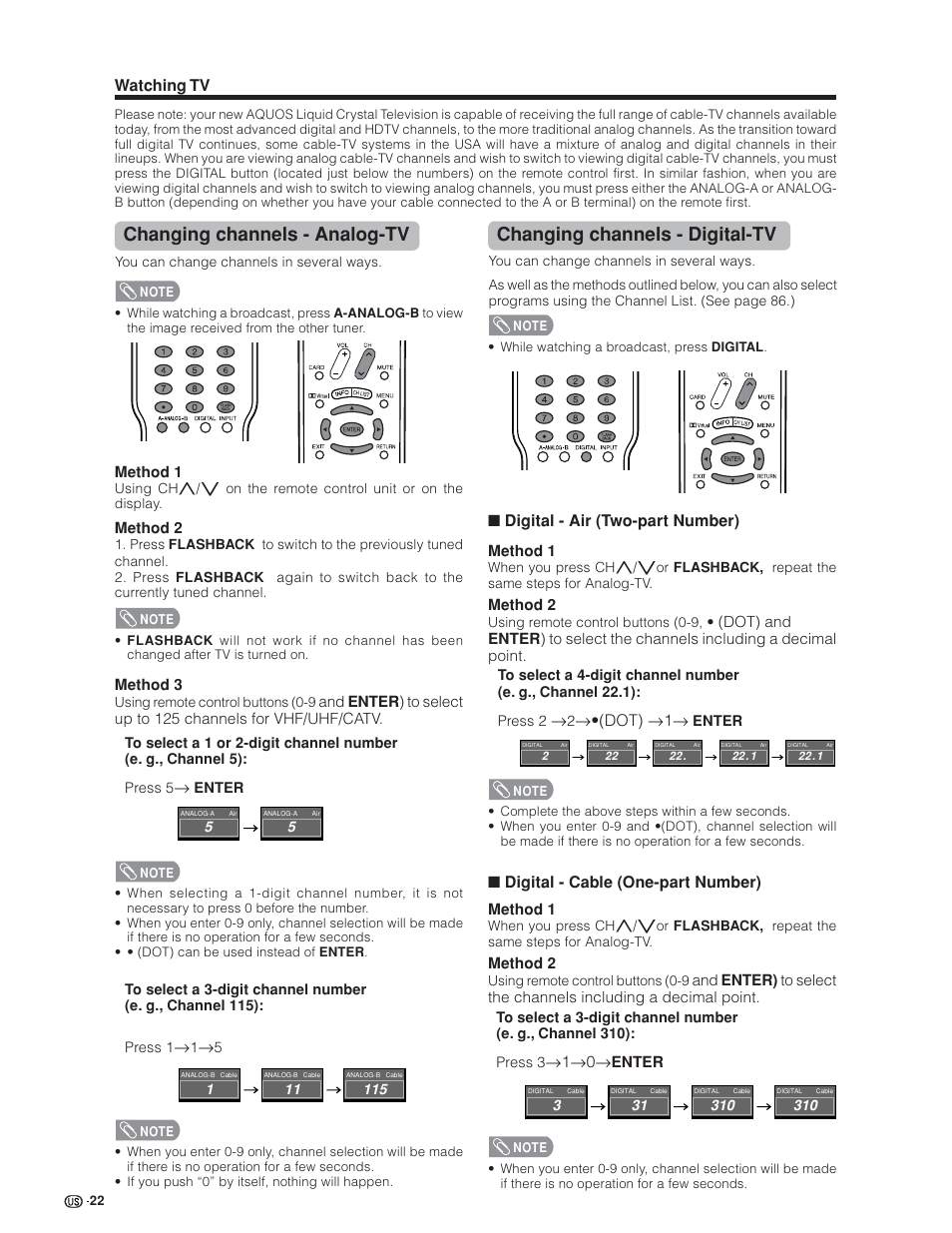 Changing channels - analog-tv, Changing channels - digital-tv, Watching tv | Digital - air (two-part number), S•(dot) s1s, Digital - cable (one-part number), S1s0s | Sharp Aquos LC 45GD4U User Manual | Page 23 / 103