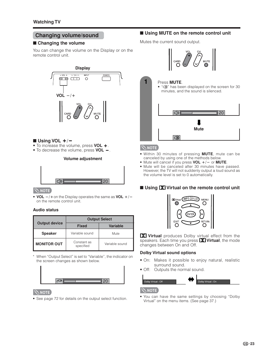 Changing volume/sound | Sharp Aquos LC 45GD4U User Manual | Page 24 / 103
