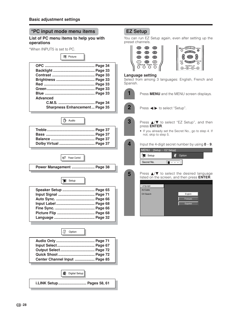 Ez setup, Pc input mode menu items | Sharp Aquos LC 45GD4U User Manual | Page 29 / 103