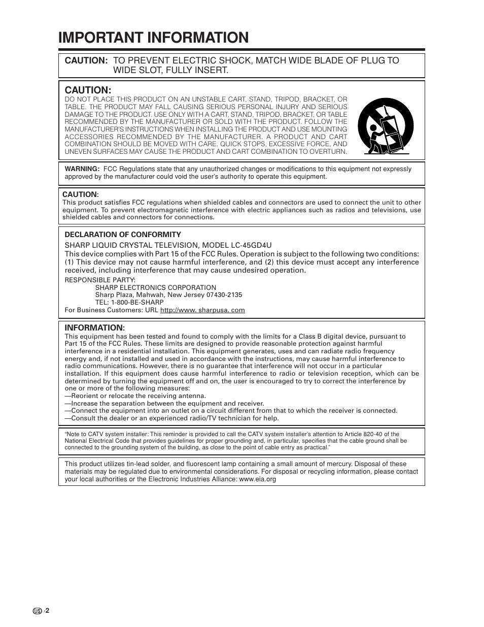 Important information, Caution | Sharp Aquos LC 45GD4U User Manual | Page 3 / 103