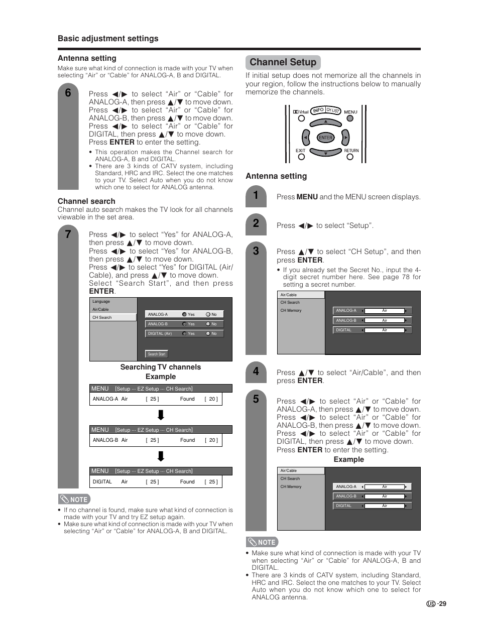 Channel setup, Basic adjustment settings, Antenna setting | Channel search | Sharp Aquos LC 45GD4U User Manual | Page 30 / 103