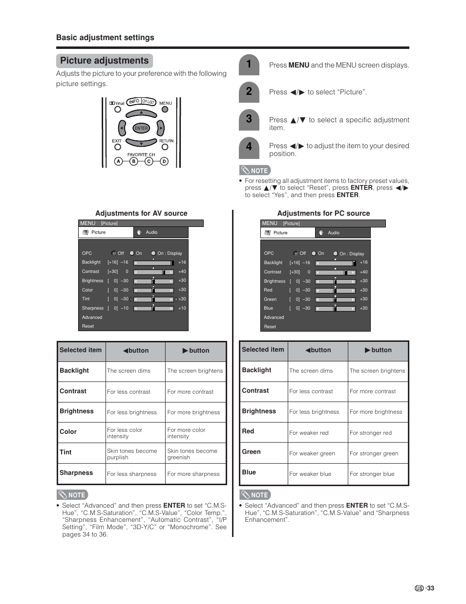 Picture adjustments, Basic adjustment settings | Sharp Aquos LC 45GD4U User Manual | Page 34 / 103