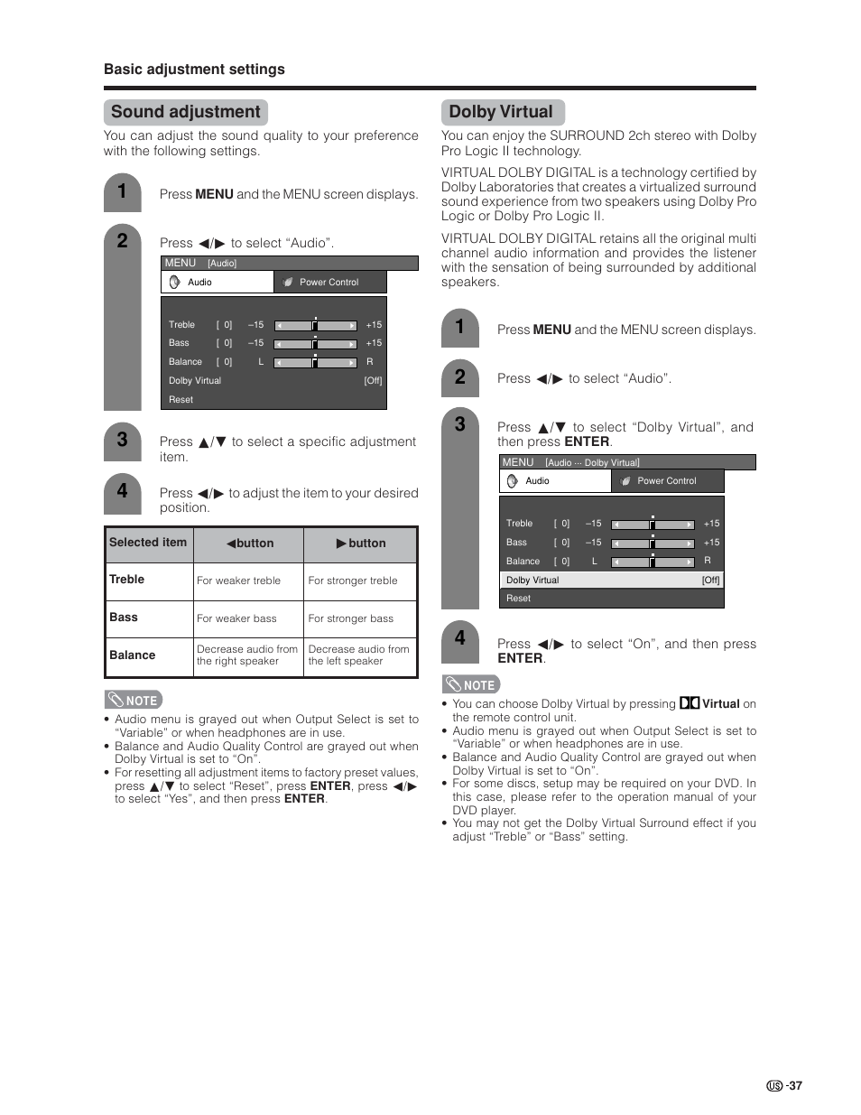 Sound adjustment, Dolby virtual | Sharp Aquos LC 45GD4U User Manual | Page 38 / 103