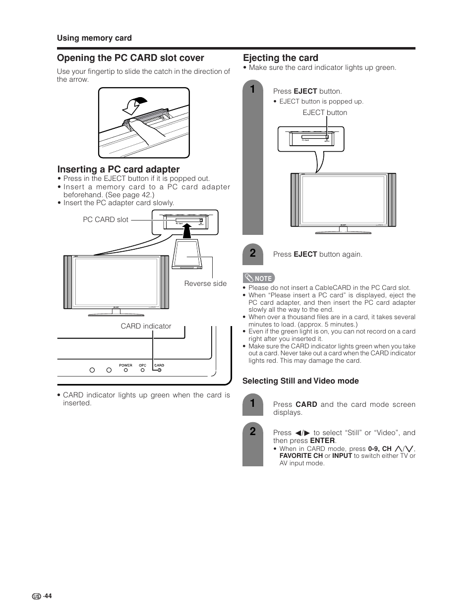 Inserting a pc card adapter, Ejecting the card, Opening the pc card slot cover | Sharp Aquos LC 45GD4U User Manual | Page 45 / 103