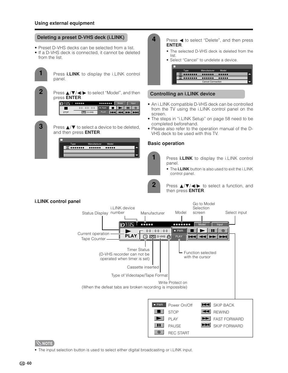 Controlling an i.link device, Basic operation, I.link control panel | Sharp Aquos LC 45GD4U User Manual | Page 61 / 103