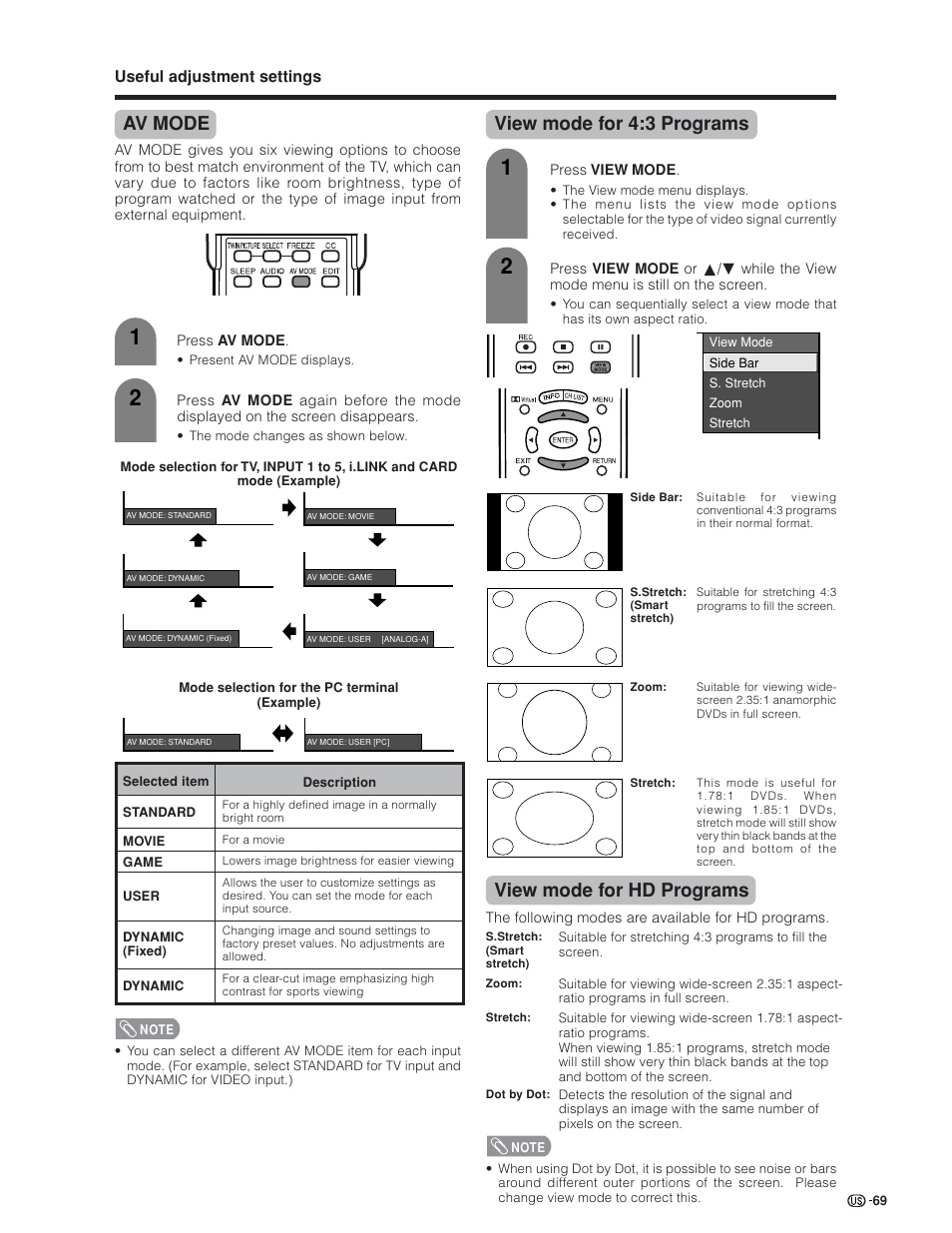 Av mode, View mode for 4:3 programs, View mode for hd programs | Sharp Aquos LC 45GD4U User Manual | Page 70 / 103