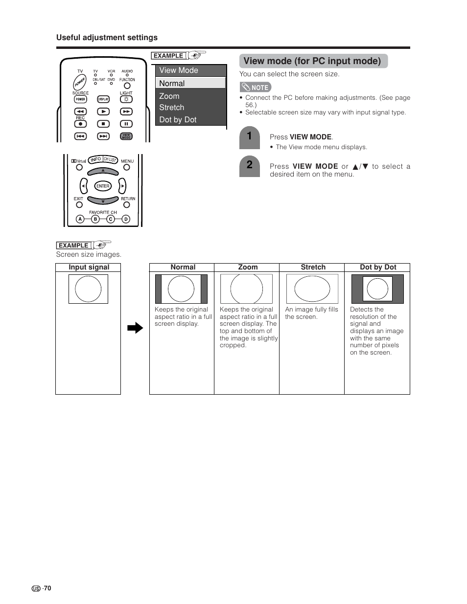 View mode (for pc input mode) | Sharp Aquos LC 45GD4U User Manual | Page 71 / 103