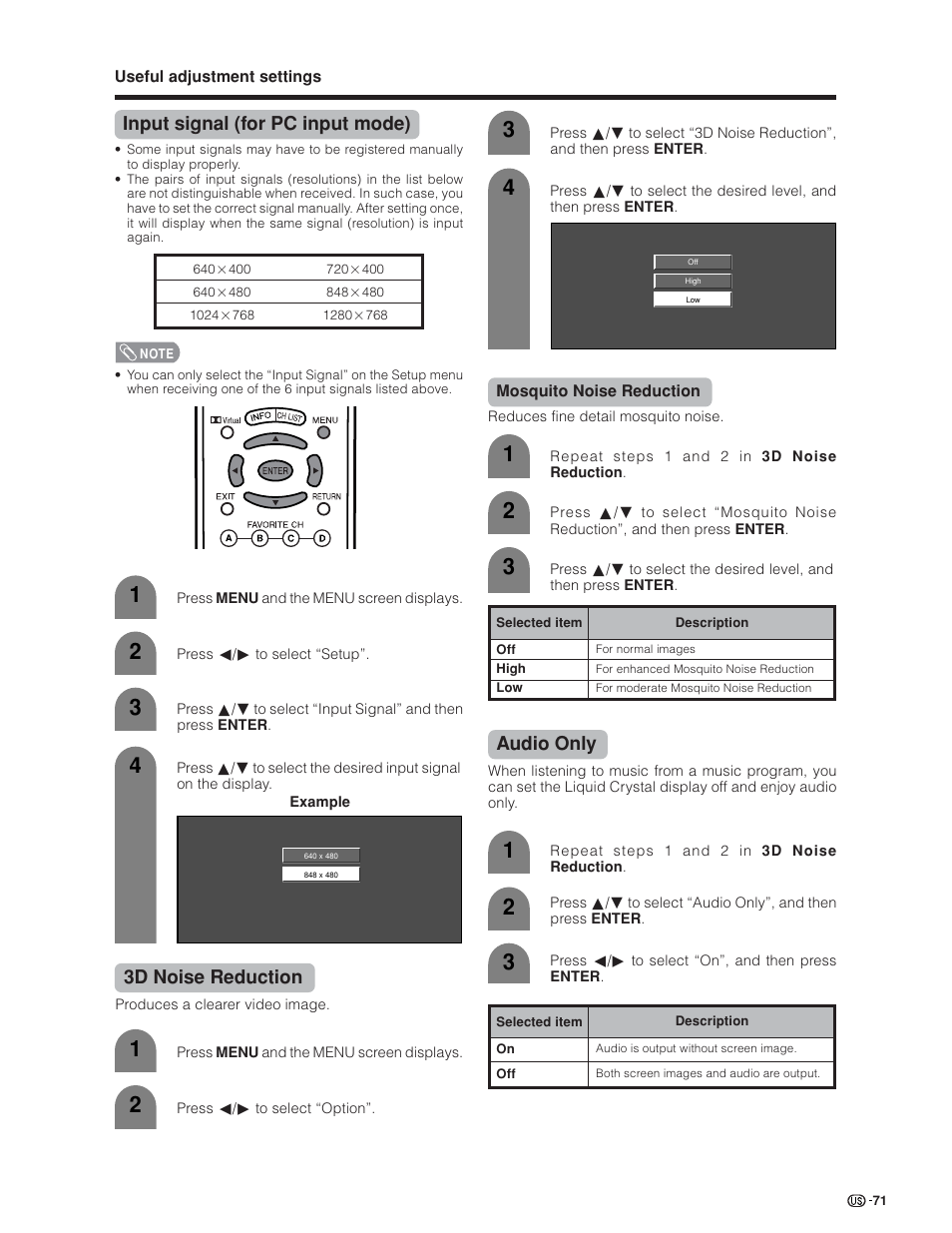 Input signal (for pc input mode), 3d noise reduction, Audio only | Sharp Aquos LC 45GD4U User Manual | Page 72 / 103