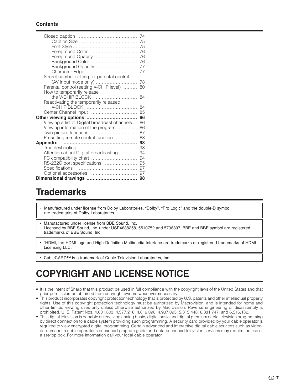 Copyright and license notice, Trademarks | Sharp Aquos LC 45GD4U User Manual | Page 8 / 103