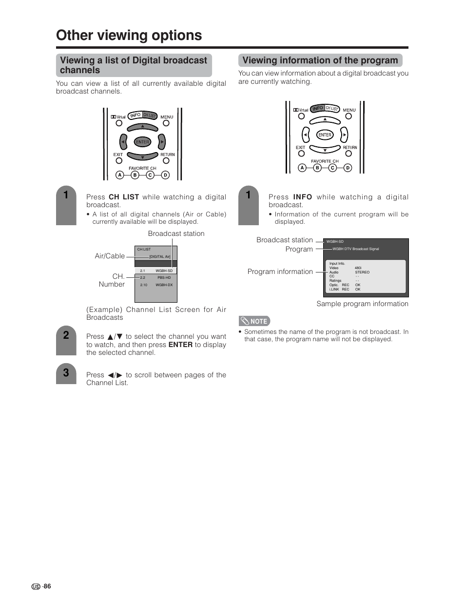 Other viewing options, Viewing a list of digital broadcast channels, Viewing information of the program | Sharp Aquos LC 45GD4U User Manual | Page 87 / 103