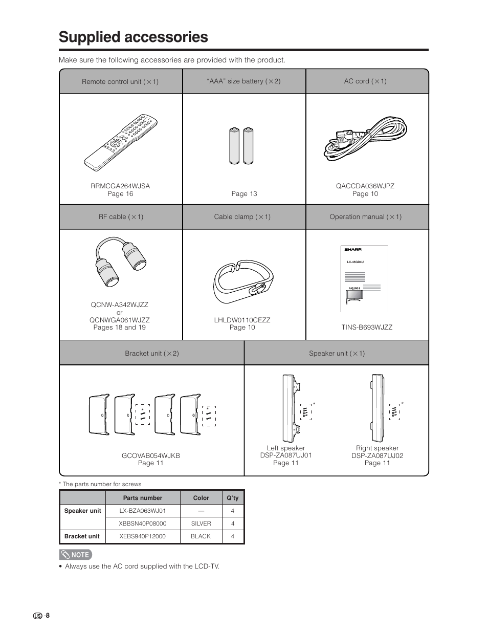 Supplied accessories | Sharp Aquos LC 45GD4U User Manual | Page 9 / 103