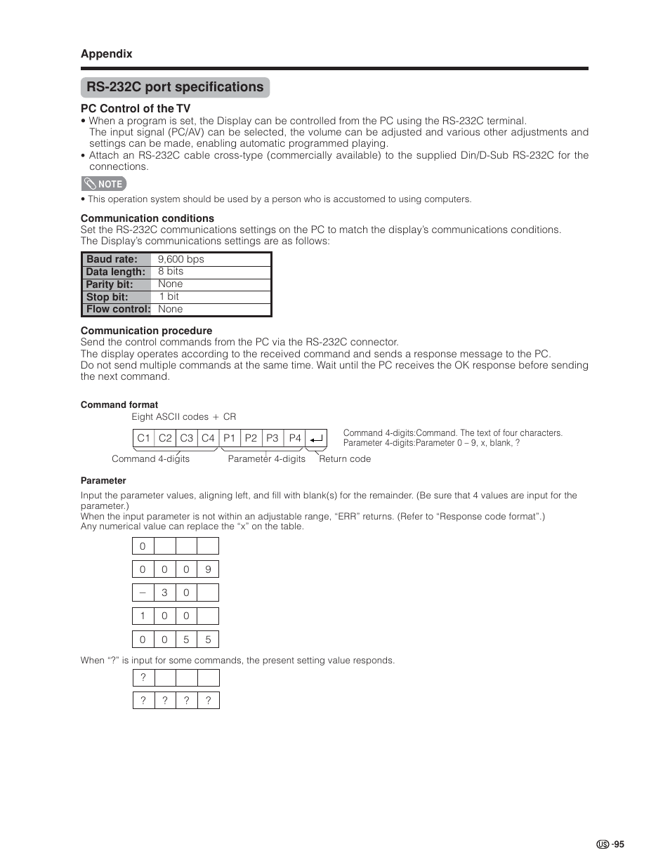 Rs-232c port specifications | Sharp Aquos LC 45GD4U User Manual | Page 96 / 103