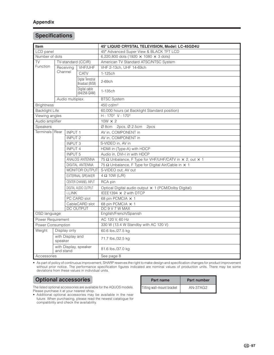 Specifications, Optional accessories | Sharp Aquos LC 45GD4U User Manual | Page 98 / 103