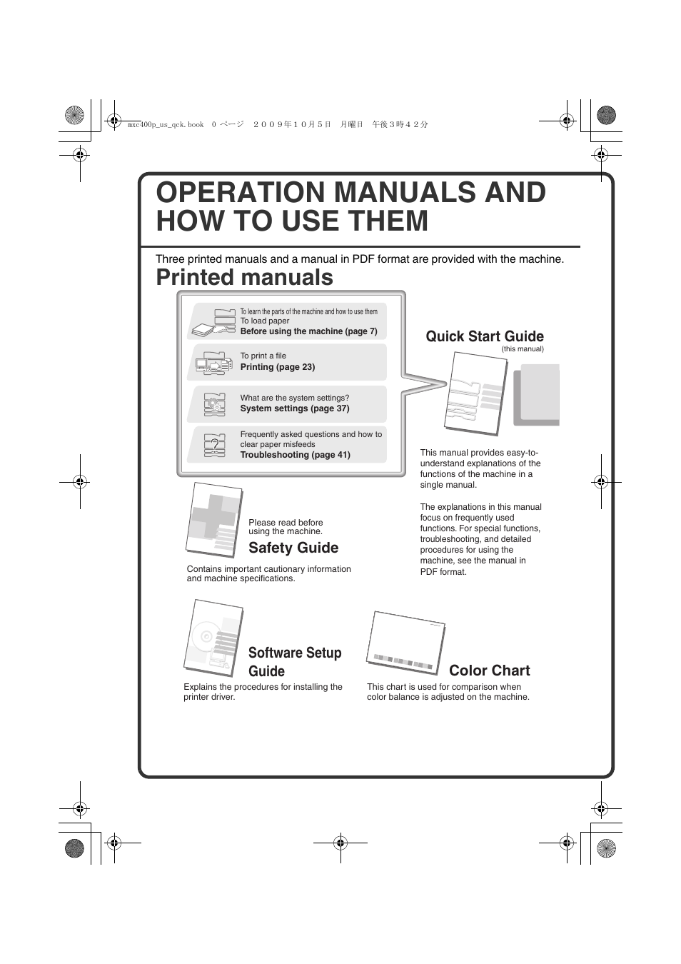 Operation manuals and how to use them, Printed manuals, Quick start guide | Software setup guide, Safety guide, Color chart | Sharp TINSE4633FCZZ User Manual | Page 2 / 52