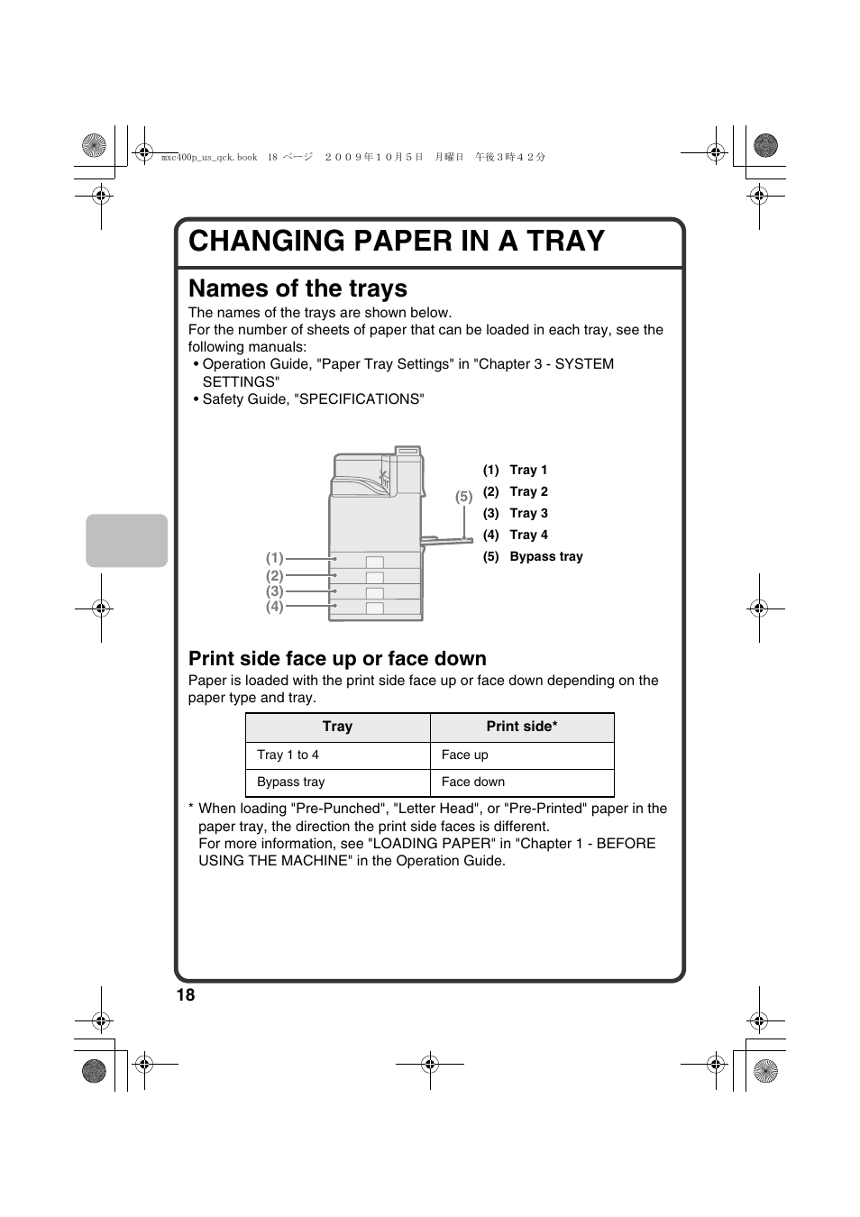 Changing paper in a tray, Names of the trays, Print side face up or face down | Sharp TINSE4633FCZZ User Manual | Page 20 / 52