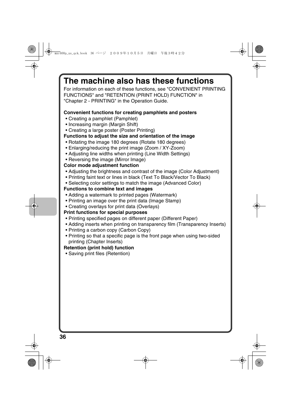 The machine also has these functions | Sharp TINSE4633FCZZ User Manual | Page 38 / 52