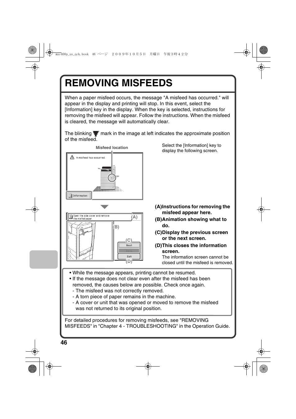Removing misfeeds | Sharp TINSE4633FCZZ User Manual | Page 48 / 52