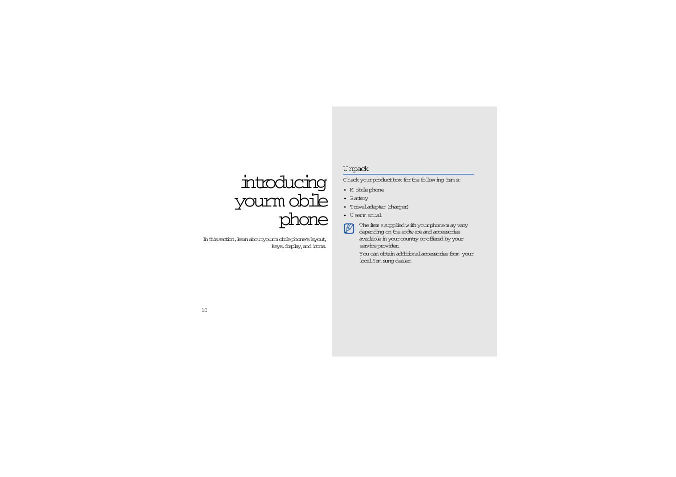 Introducing your mobile phone, Unpack, Introducing your m obile phone 10 | U npack, Introducing your m obile phone | Sharp SGH-J700V User Manual | Page 15 / 60