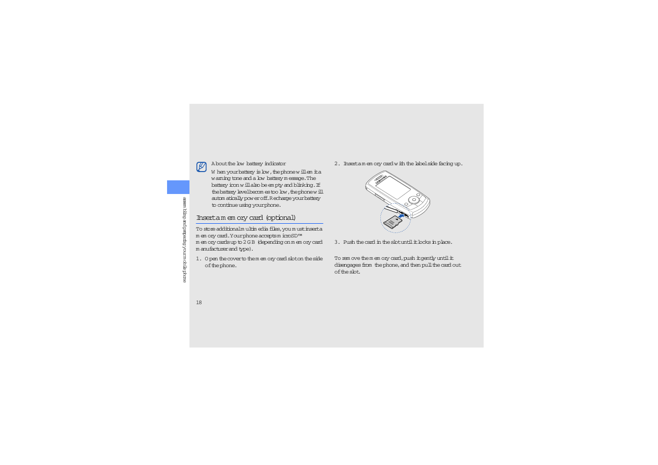 Insert a memory card (optional), Insert a m em ory card (optional) | Sharp SGH-J700V User Manual | Page 23 / 60