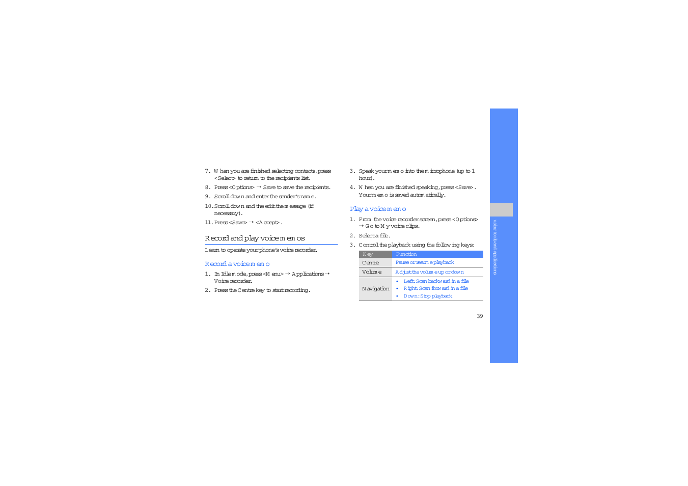 Record and play voice memos, Record and play voice m em os | Sharp SGH-J700V User Manual | Page 44 / 60
