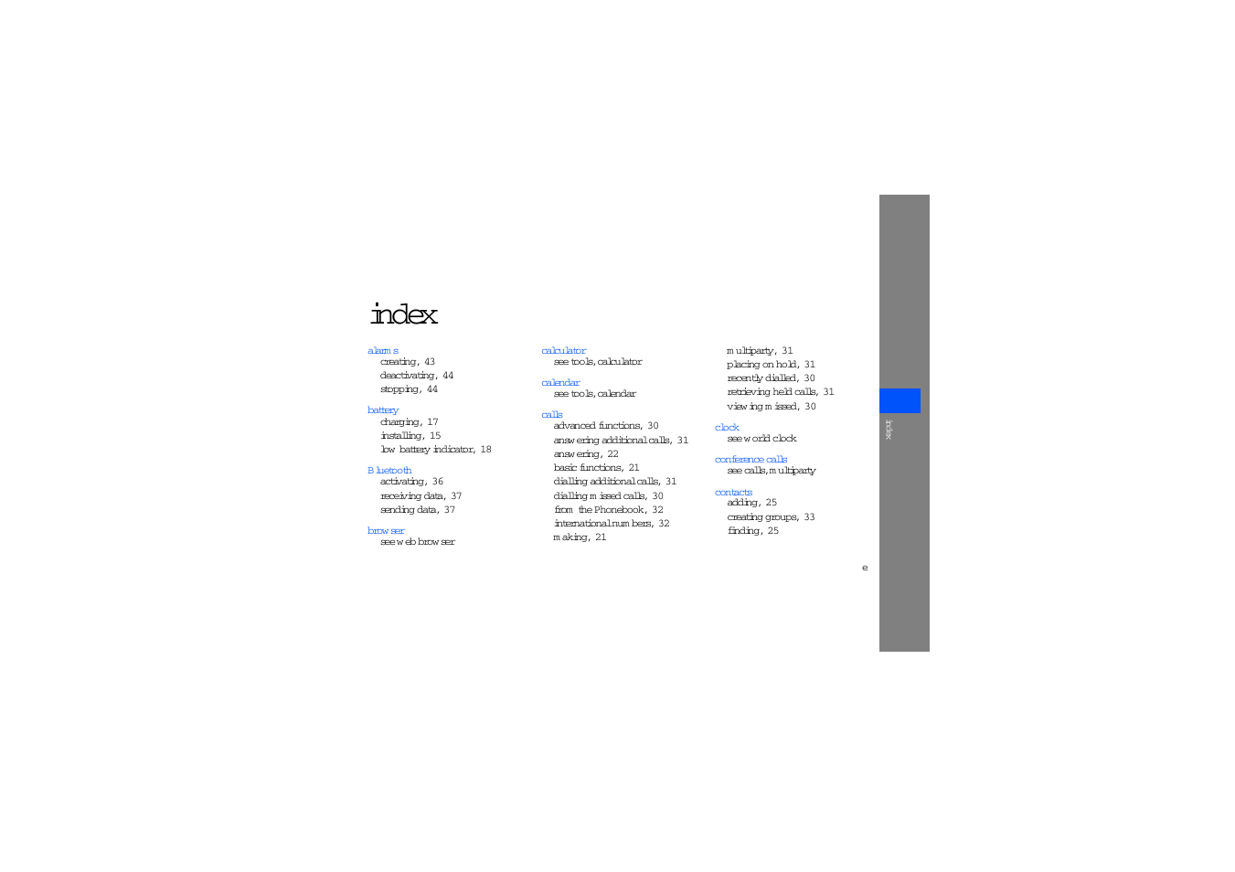 Index, Index e | Sharp SGH-J700V User Manual | Page 56 / 60