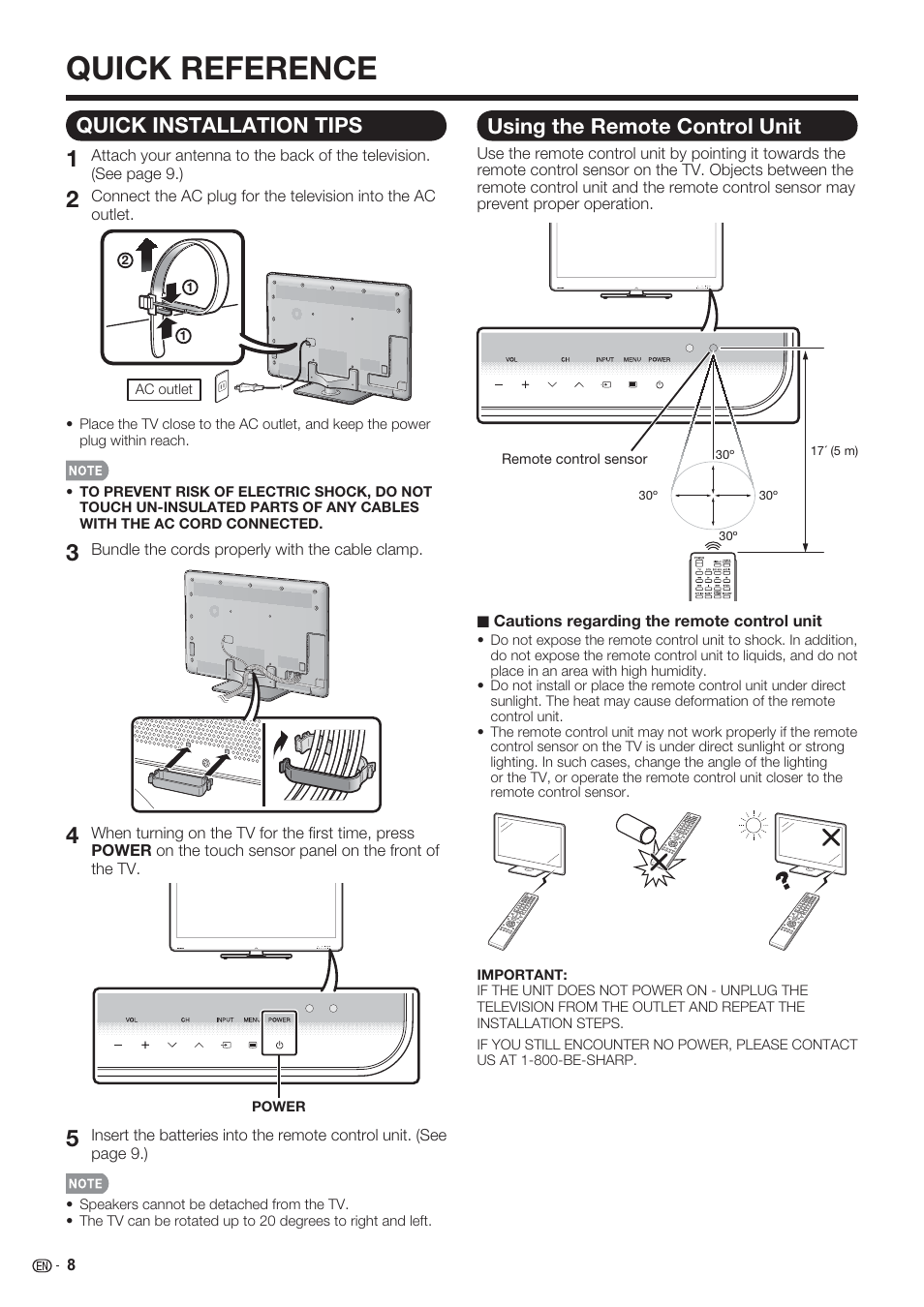 Quick reference, Using the remote control unit, Quick installation tips | Sharp AQUOS 10P06-MX-NM User Manual | Page 10 / 79