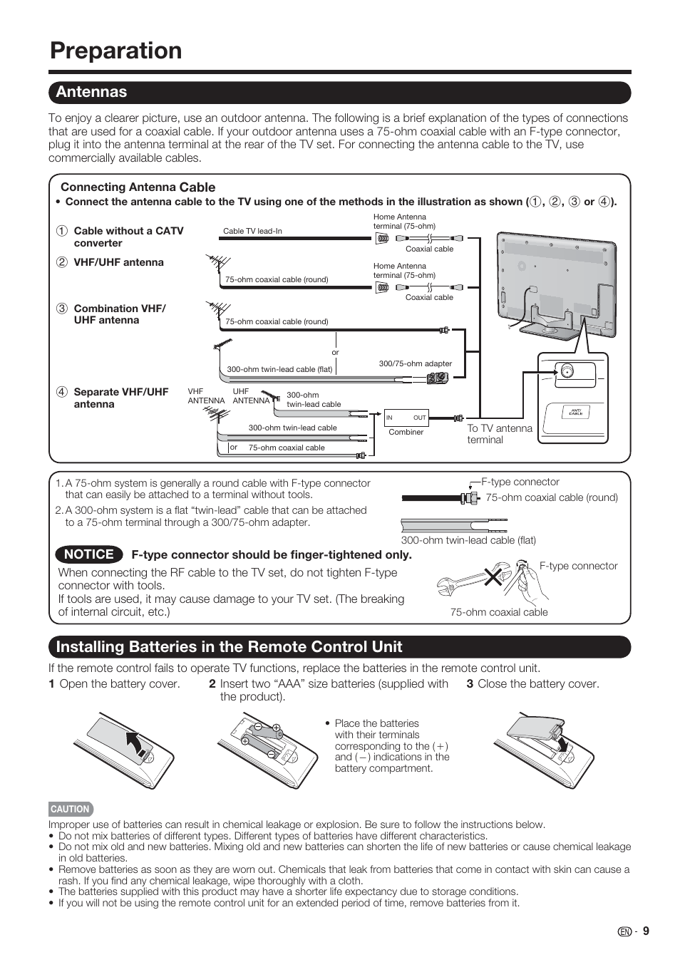 Preparation, Antennas, Installing batteries in the remote control unit | Cable, Notice | Sharp AQUOS 10P06-MX-NM User Manual | Page 11 / 79