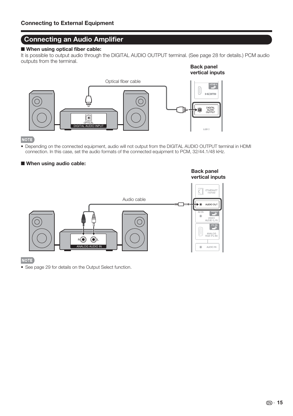 Connecting an audio ampliﬁ er | Sharp AQUOS 10P06-MX-NM User Manual | Page 17 / 79