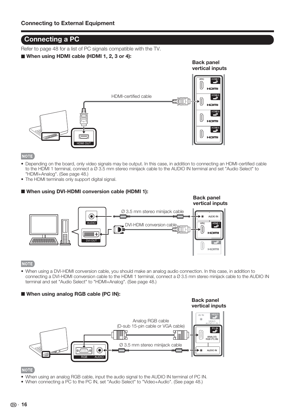 Connecting a pc, Connecting to external equipment | Sharp AQUOS 10P06-MX-NM User Manual | Page 18 / 79