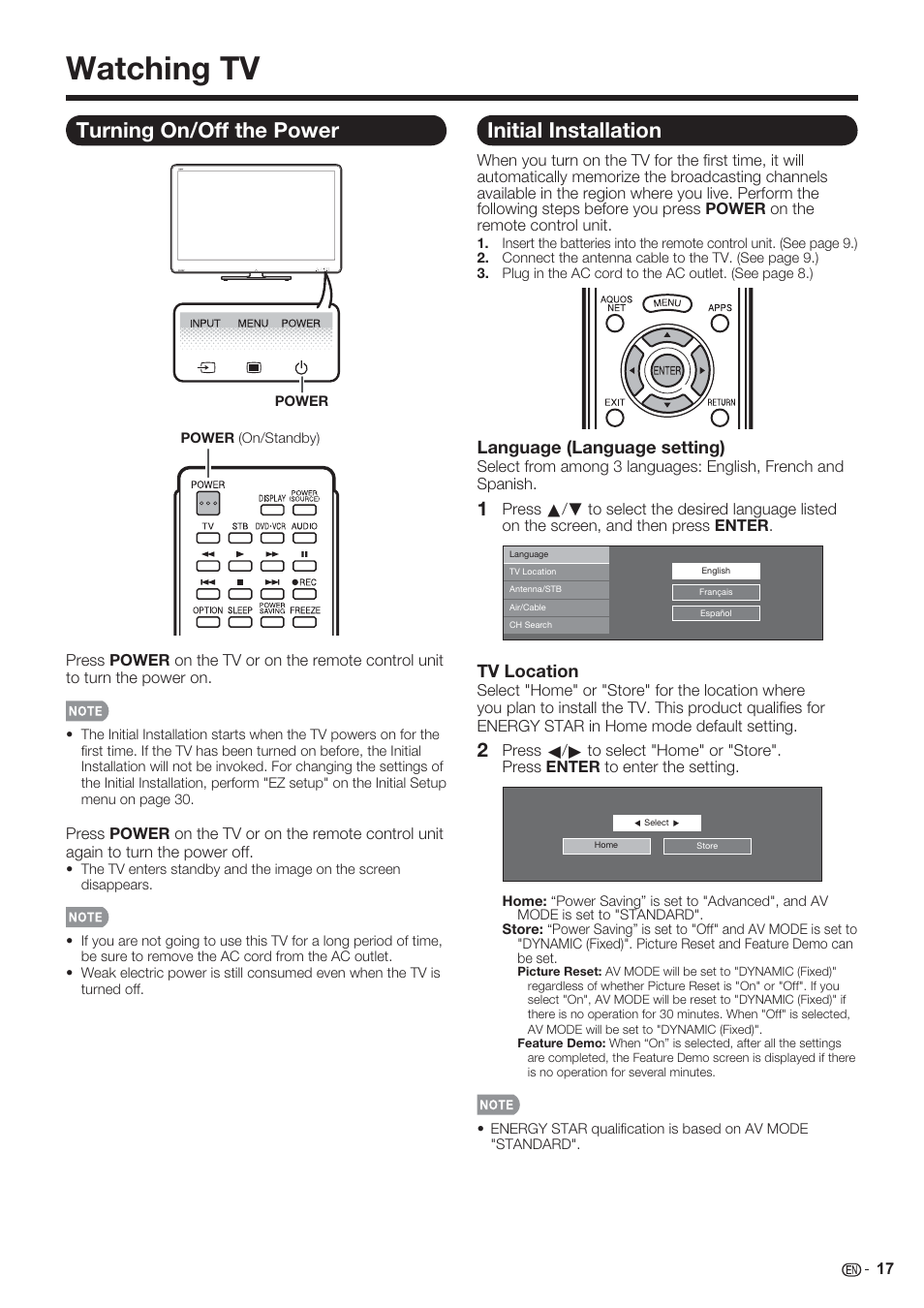 Watching tv, Turning on/off the power, Initial installation | Language (language setting), Tv location | Sharp AQUOS 10P06-MX-NM User Manual | Page 19 / 79