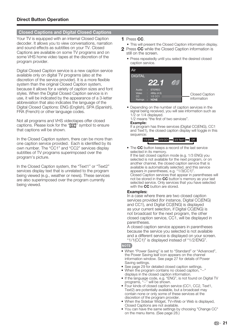 Direct button operation, Closed captions and digital closed captions | Sharp AQUOS 10P06-MX-NM User Manual | Page 23 / 79
