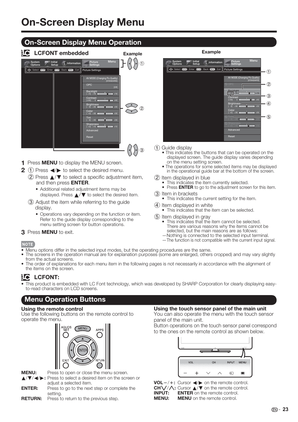 On-screen display menu, Lcfont, Lcfont embedded | 23 1 guide display, 2 item displayed in blue, 3 item in brackets, 4 item displayed in white, 5 item displayed in gray, Press menu to display the menu screen, Press menu to exit | Sharp AQUOS 10P06-MX-NM User Manual | Page 25 / 79