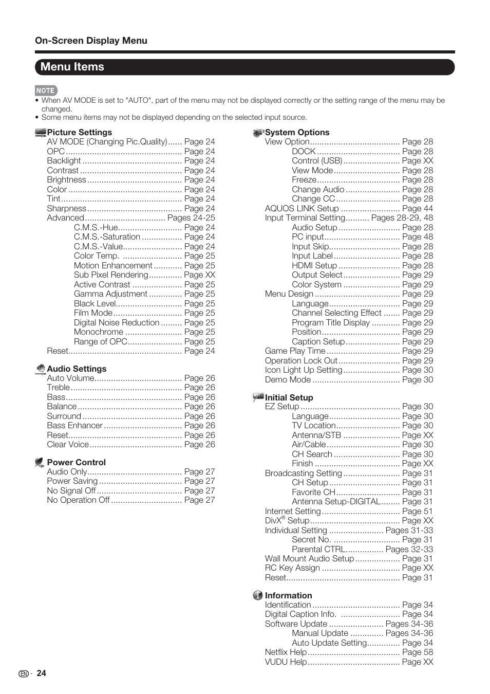 Menu items | Sharp AQUOS 10P06-MX-NM User Manual | Page 26 / 79