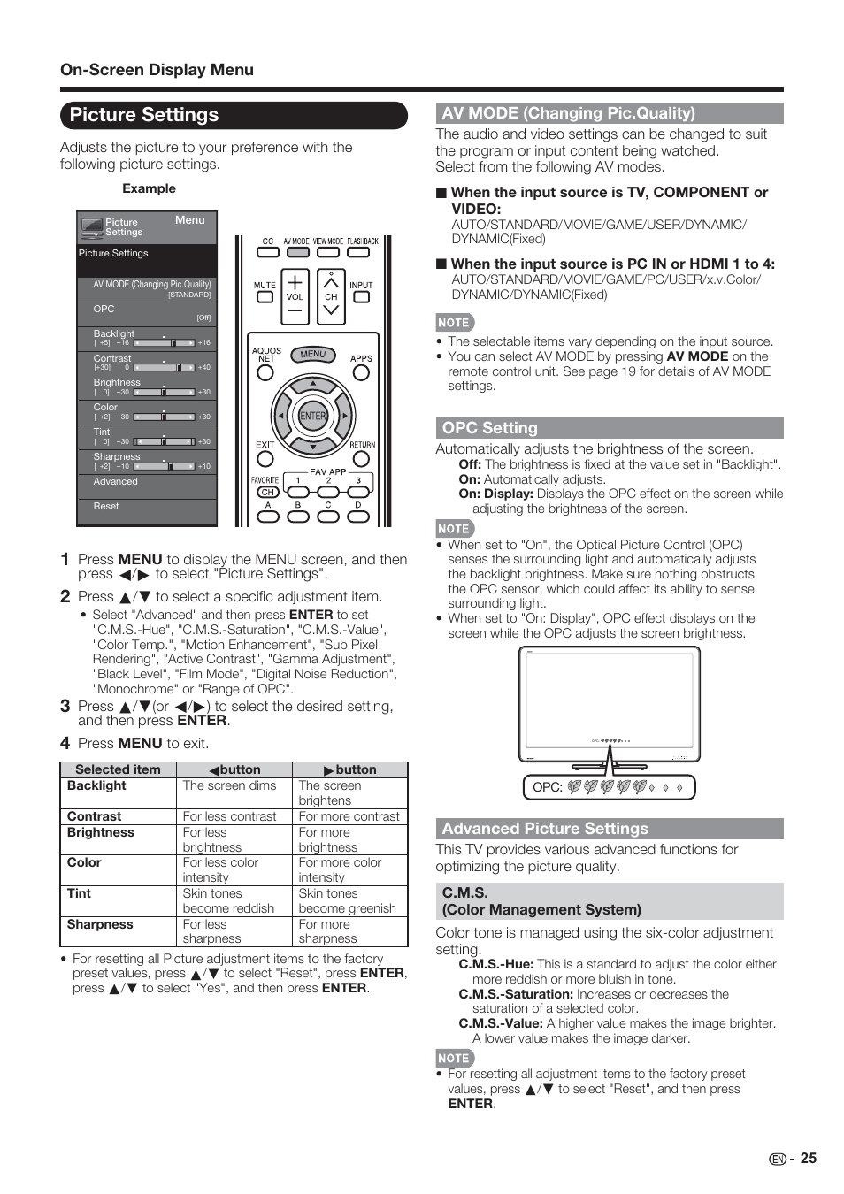Picture settings, Opc setting, Advanced picture settings | Sharp AQUOS 10P06-MX-NM User Manual | Page 27 / 79